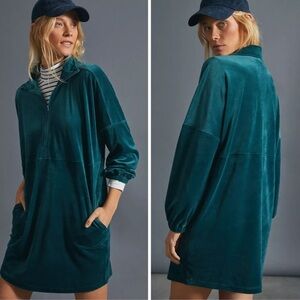Anthropologie Teal Velvet Long Sleeve Dress